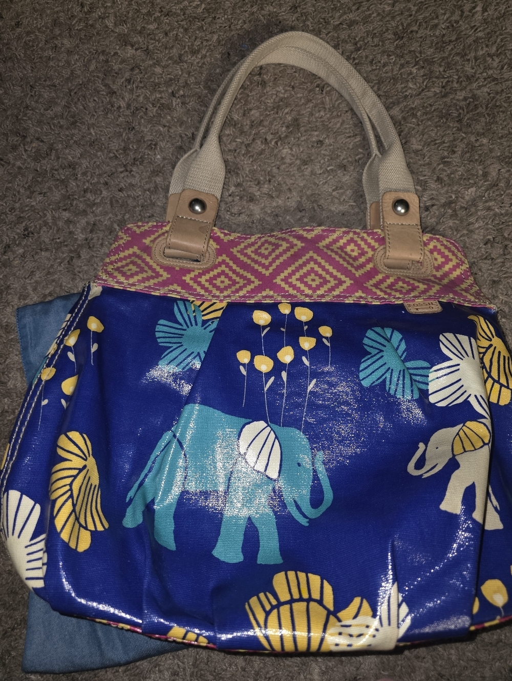 Fossil Blue Elephant Print Tote with Cream Handles